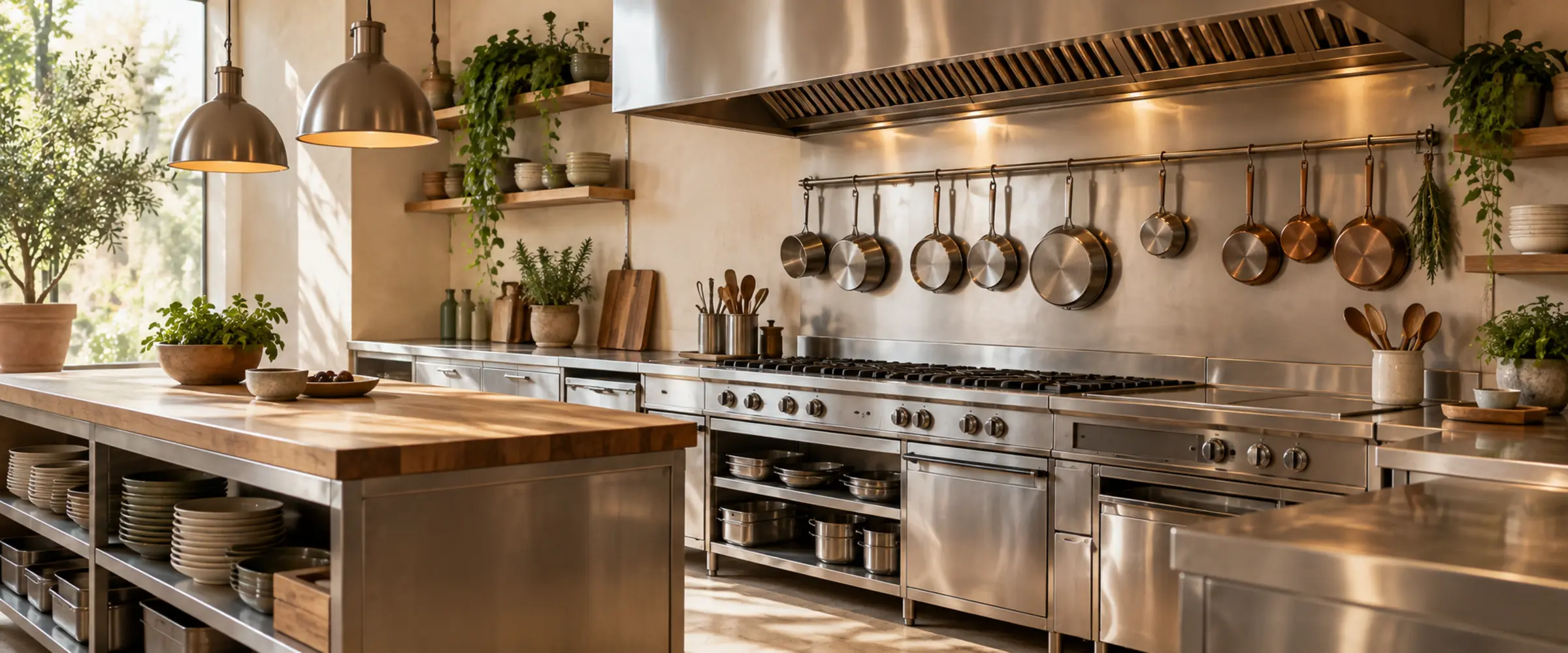 A bright commercial kitchen with a steel range, copper pans and an oak prep island