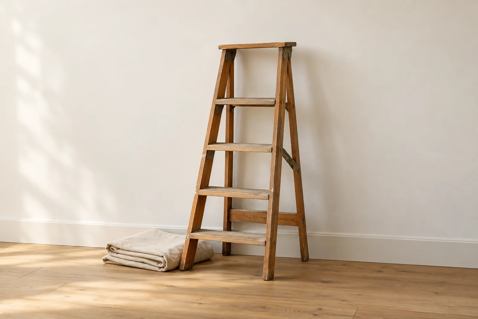 A wooden stepladder against a freshly painted wall with a folded dust sheet