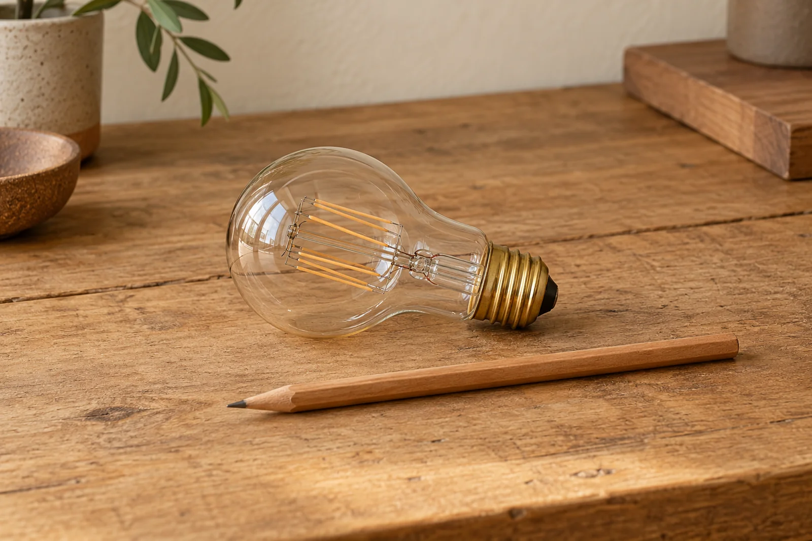 A filament light bulb and a pencil on a worn oak bench