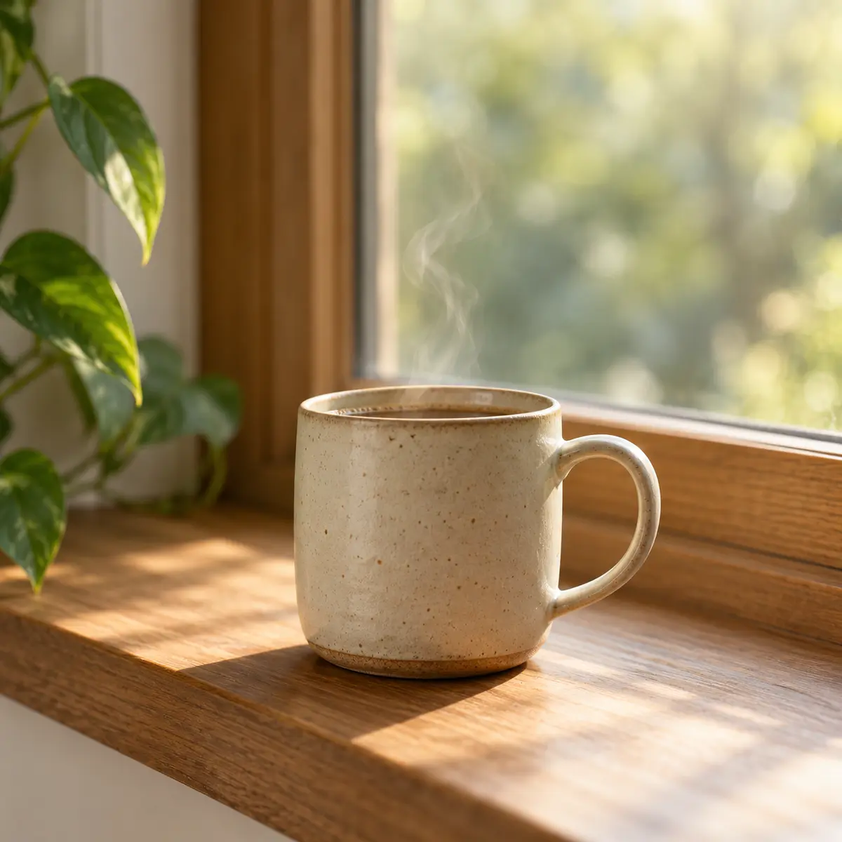 A steaming stoneware mug on an oak windowsill