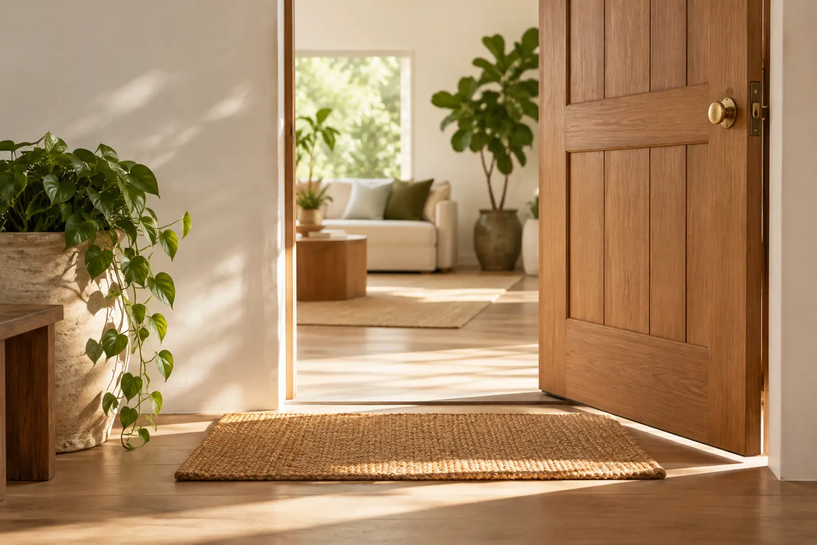 A front door left open onto a bright living room, a woven mat on the floor