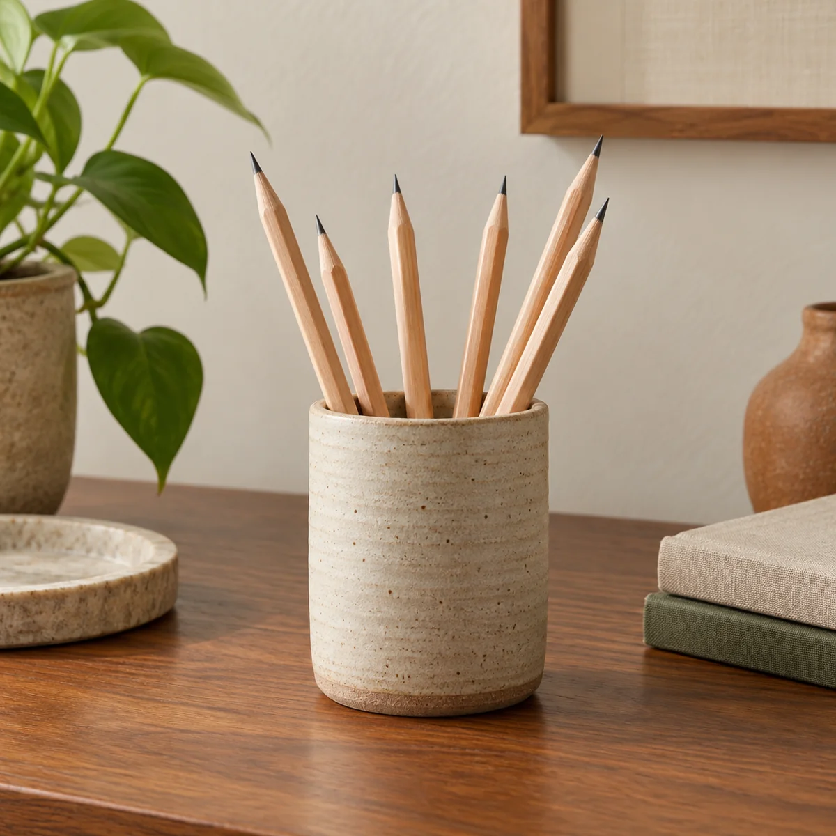 A stoneware pot of sharpened pencils on a walnut desk