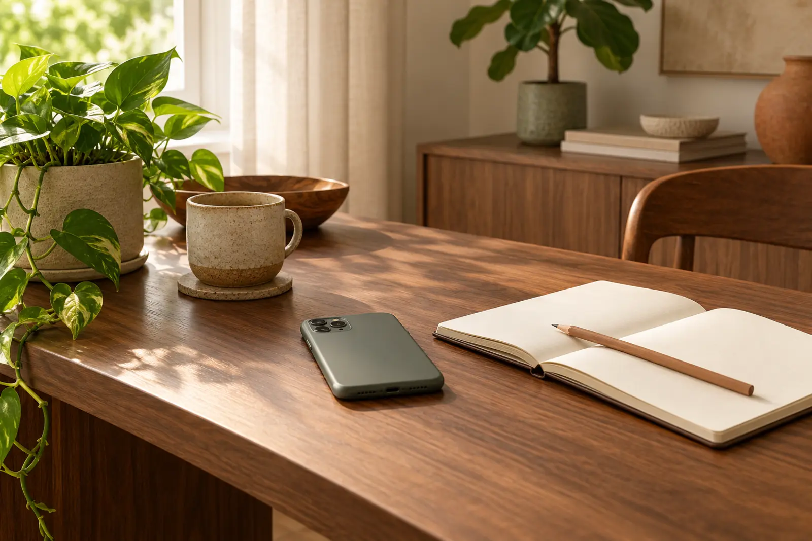A phone and an open notebook with a pencil on a walnut desk beside a stoneware mug