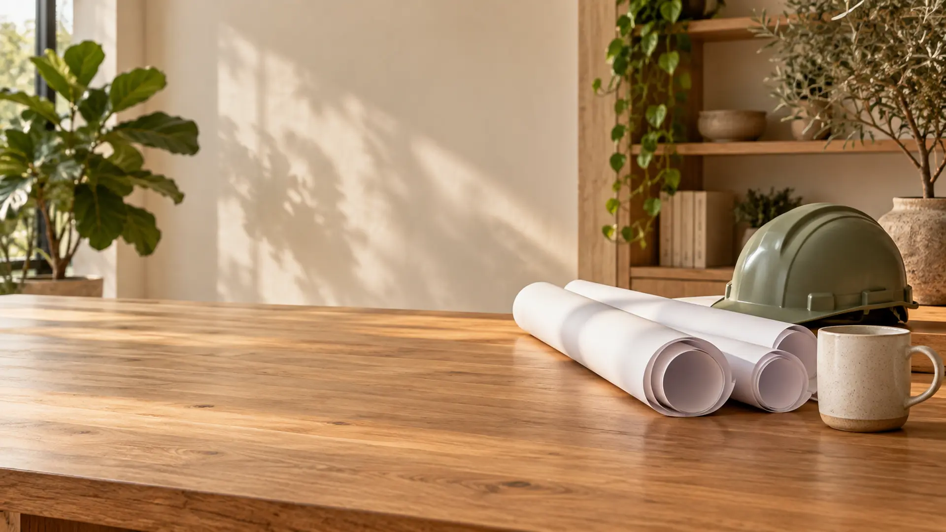 A cleared oak table with rolled plans, a hard hat and a mug in soft morning light