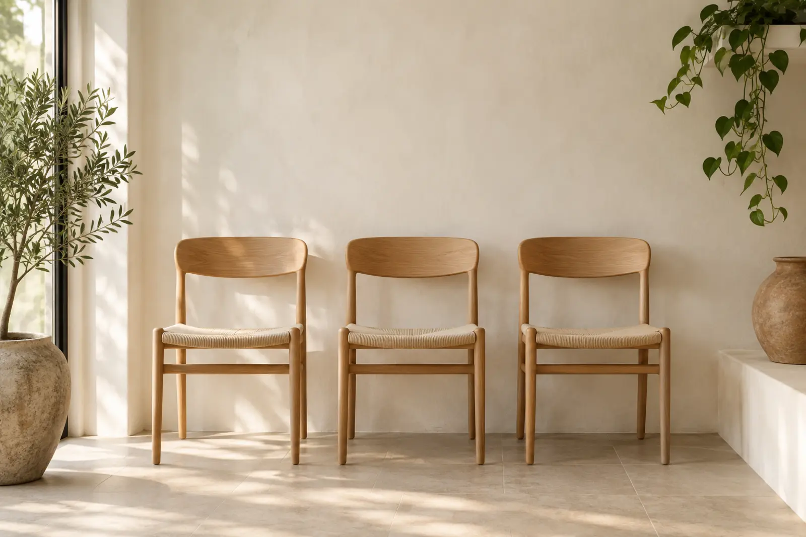 Three oak chairs with woven seats lined up against a plaster wall
