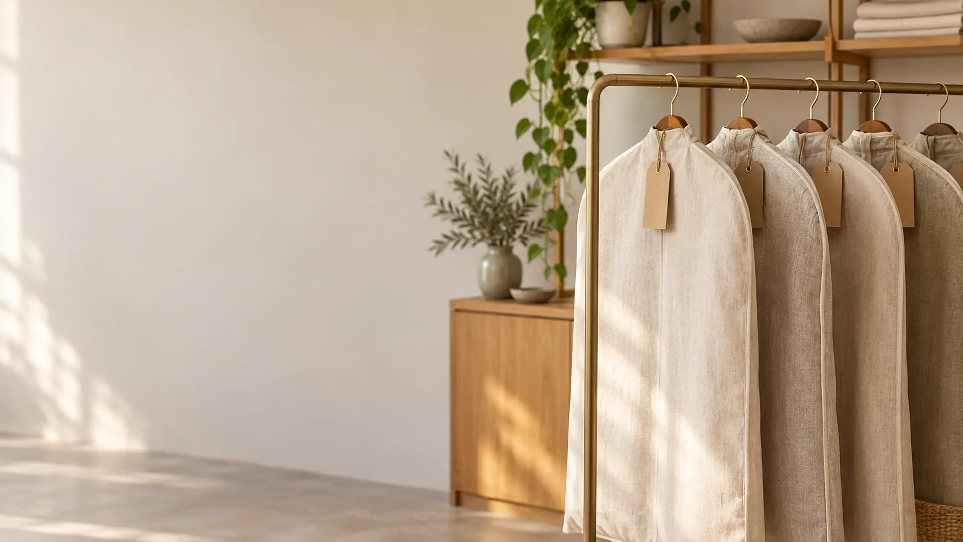 Linen garments with kraft tags on a brass rail in a bright shop