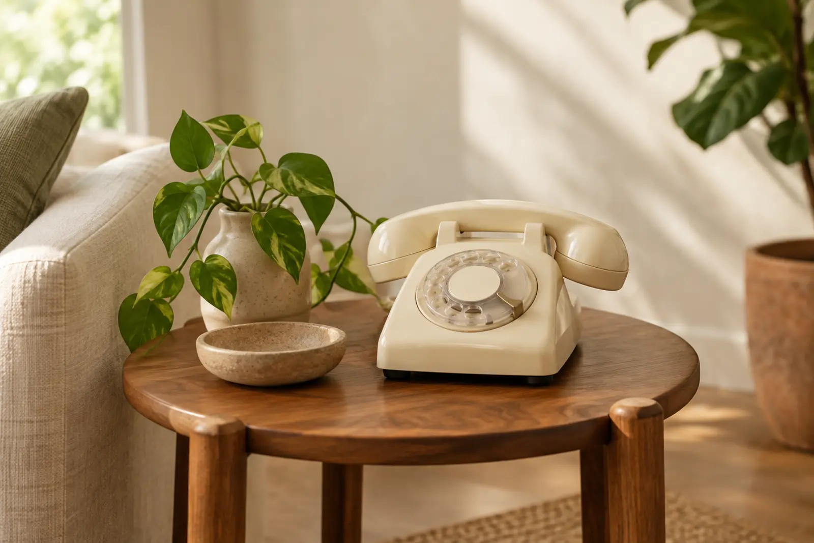 A cream rotary phone on a walnut side table, waiting for a call that isn't coming