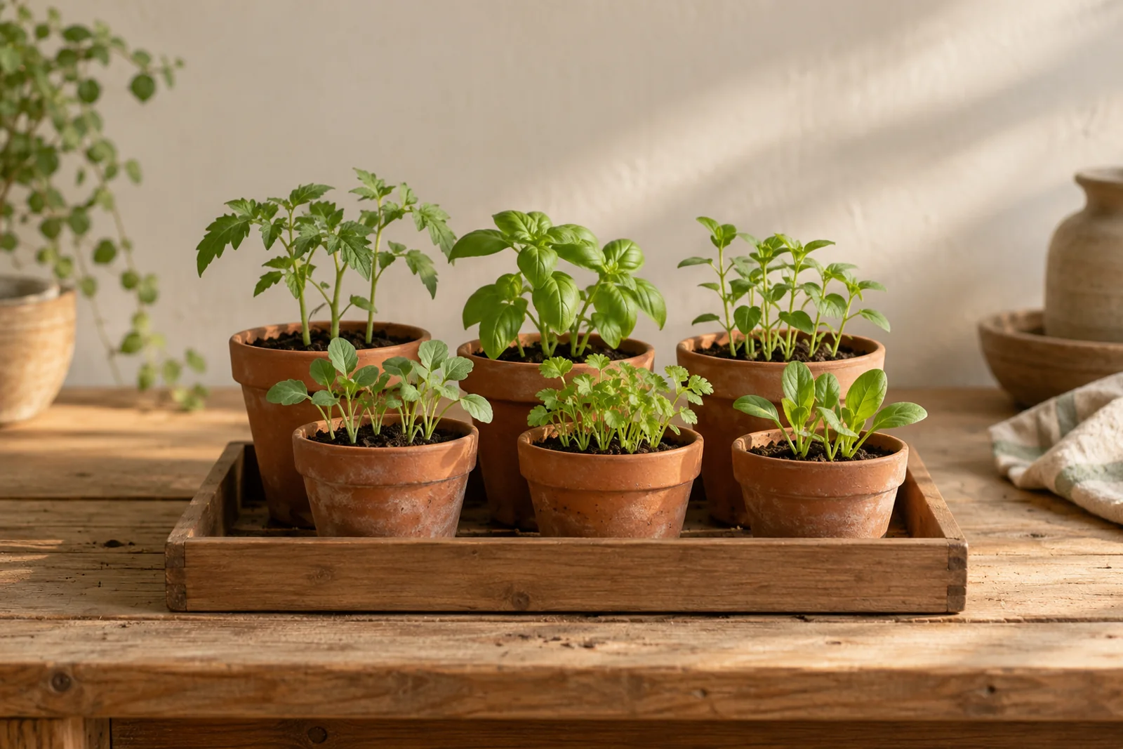 Young seedlings in terracotta pots on a wooden tray