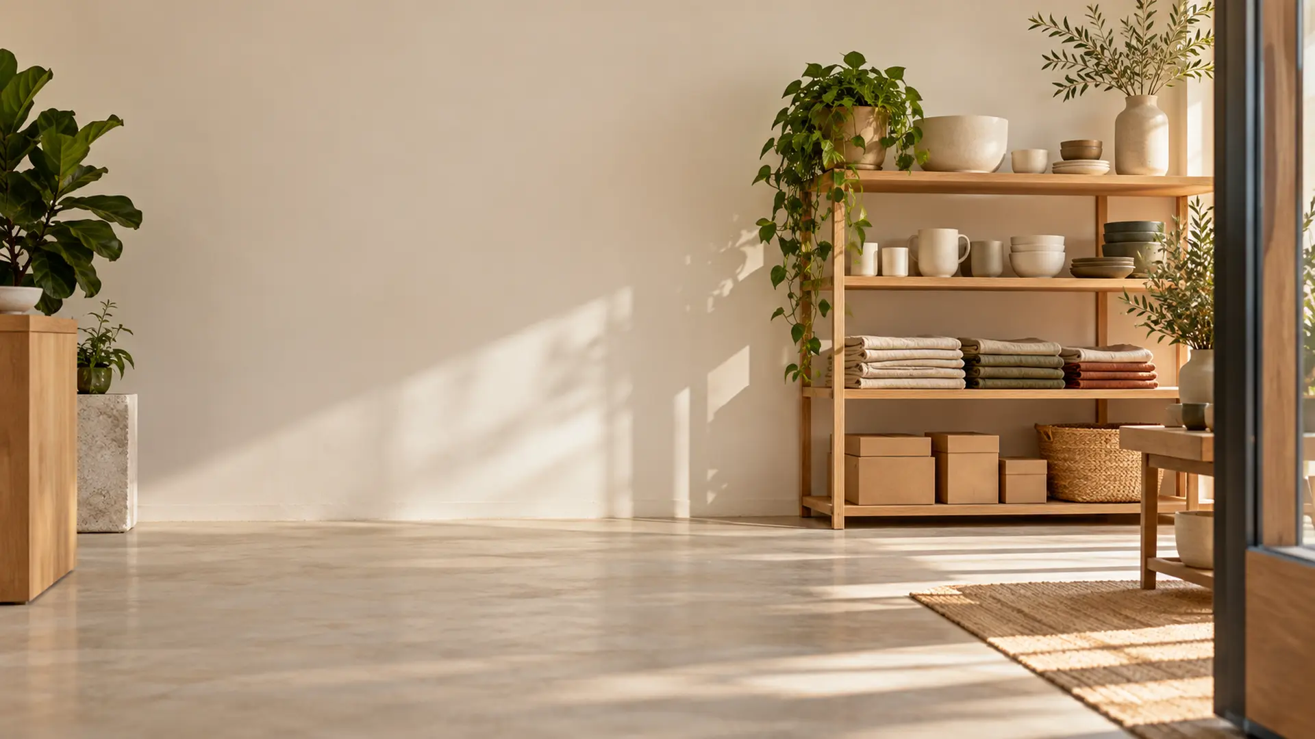 A bright, empty shop interior with oak shelves of folded linens and ceramics, ready for opening