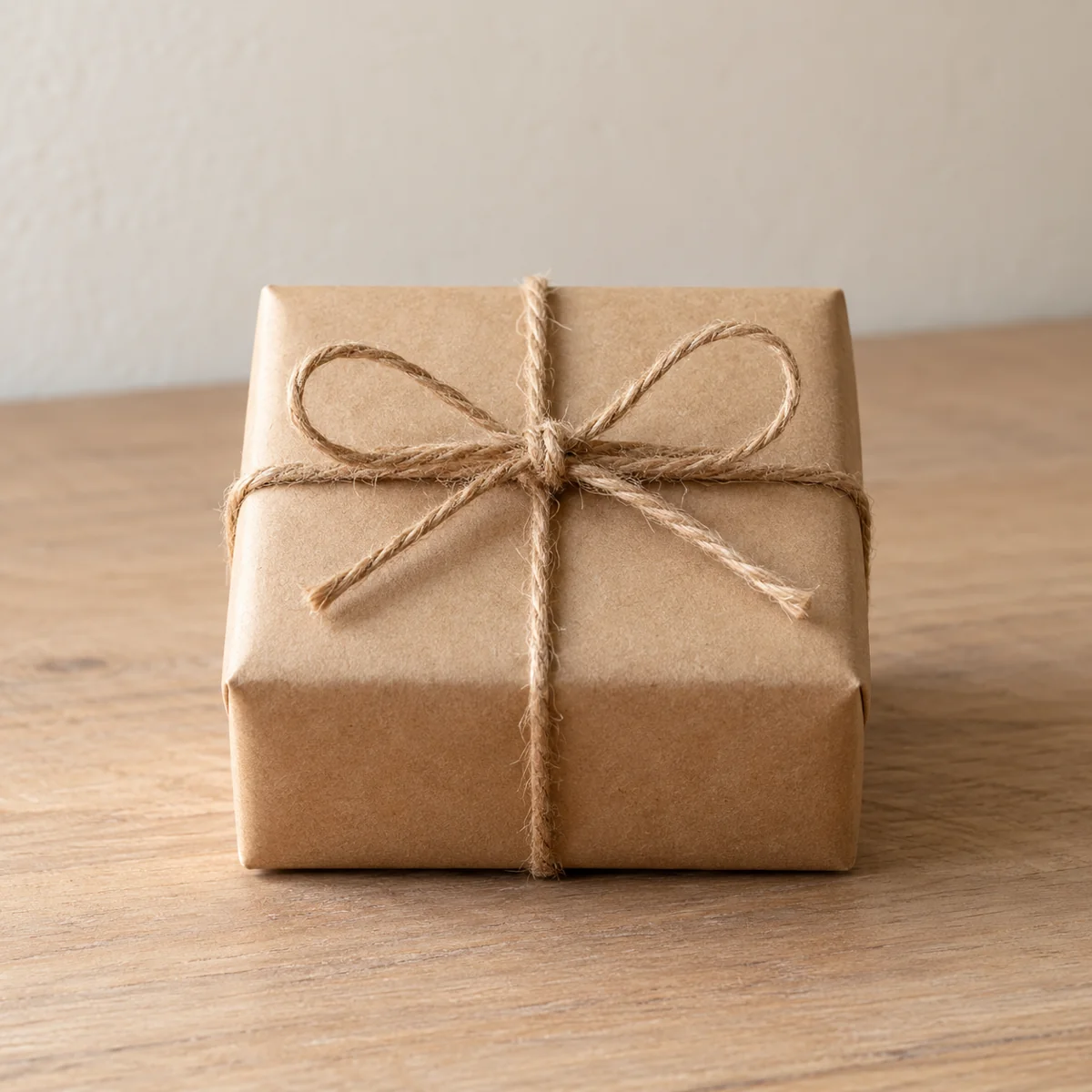 A small kraft parcel tied with twine on an oak surface