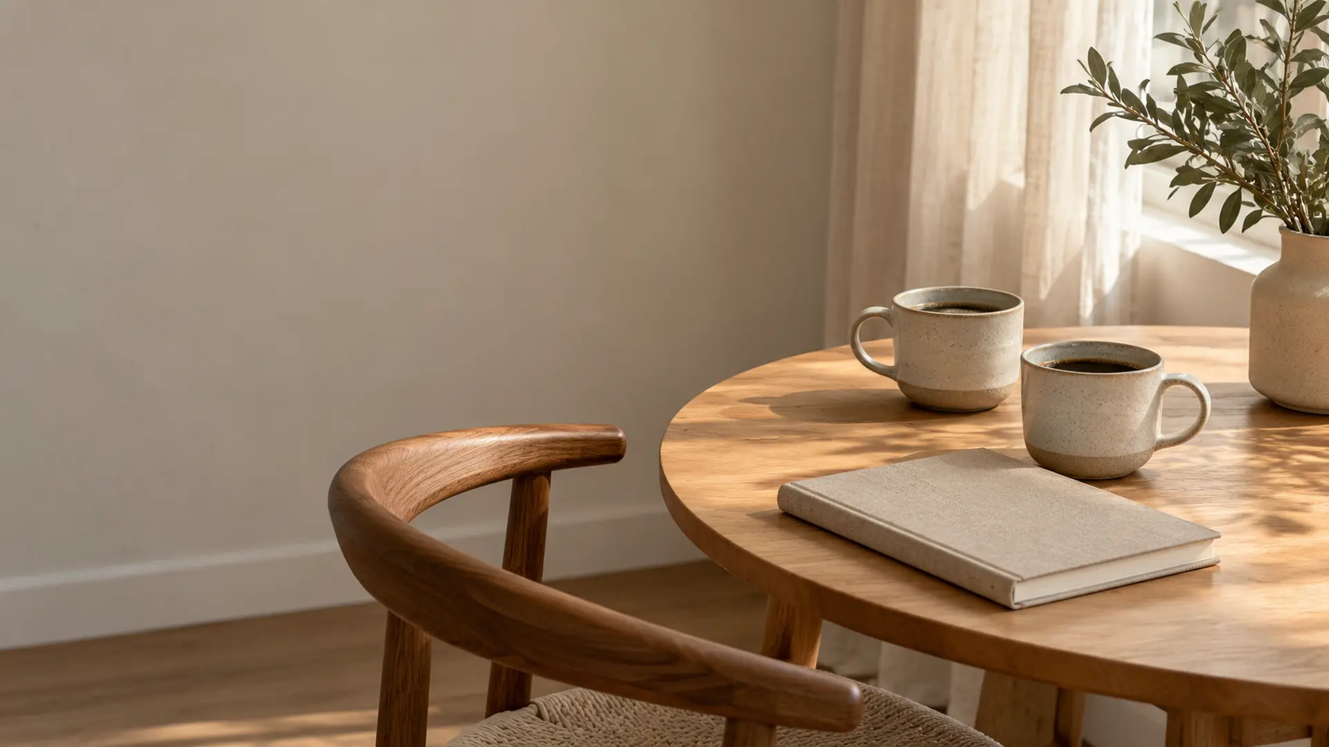 Two stoneware cups of coffee and a linen notebook on a round oak table by a bright window