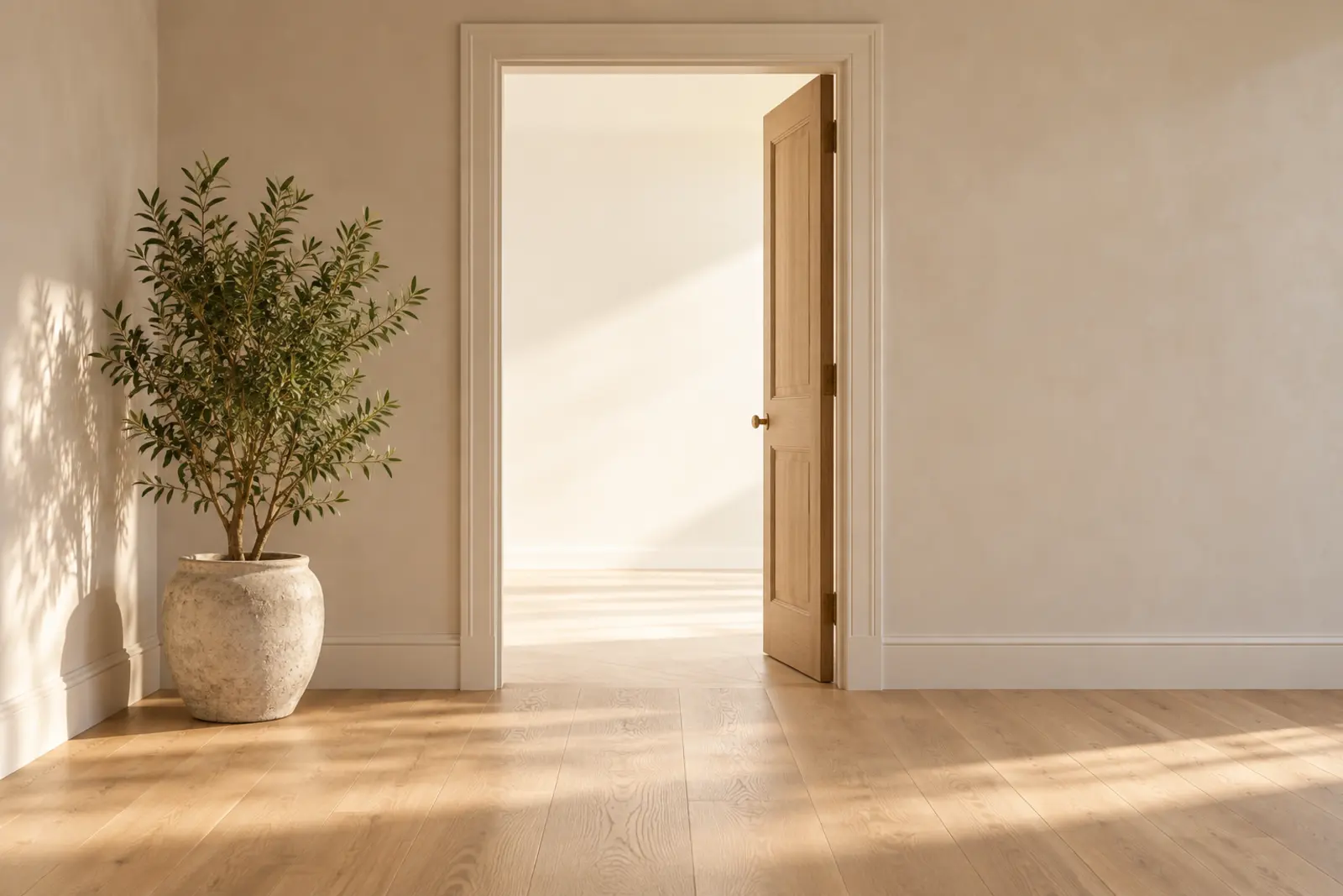 An empty room with an open door, an olive tree and bare oak floors