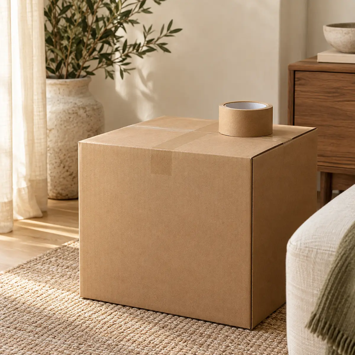 A taped cardboard moving box on a jute rug beside a sofa