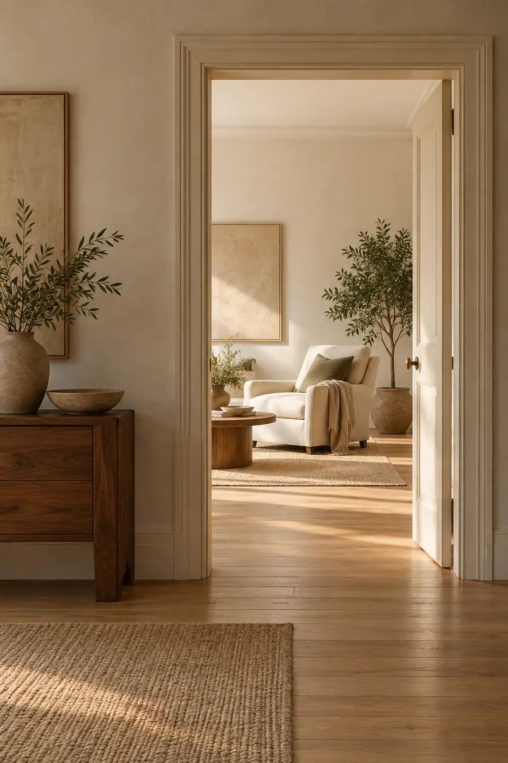 A view through an open doorway into a bright sitting room