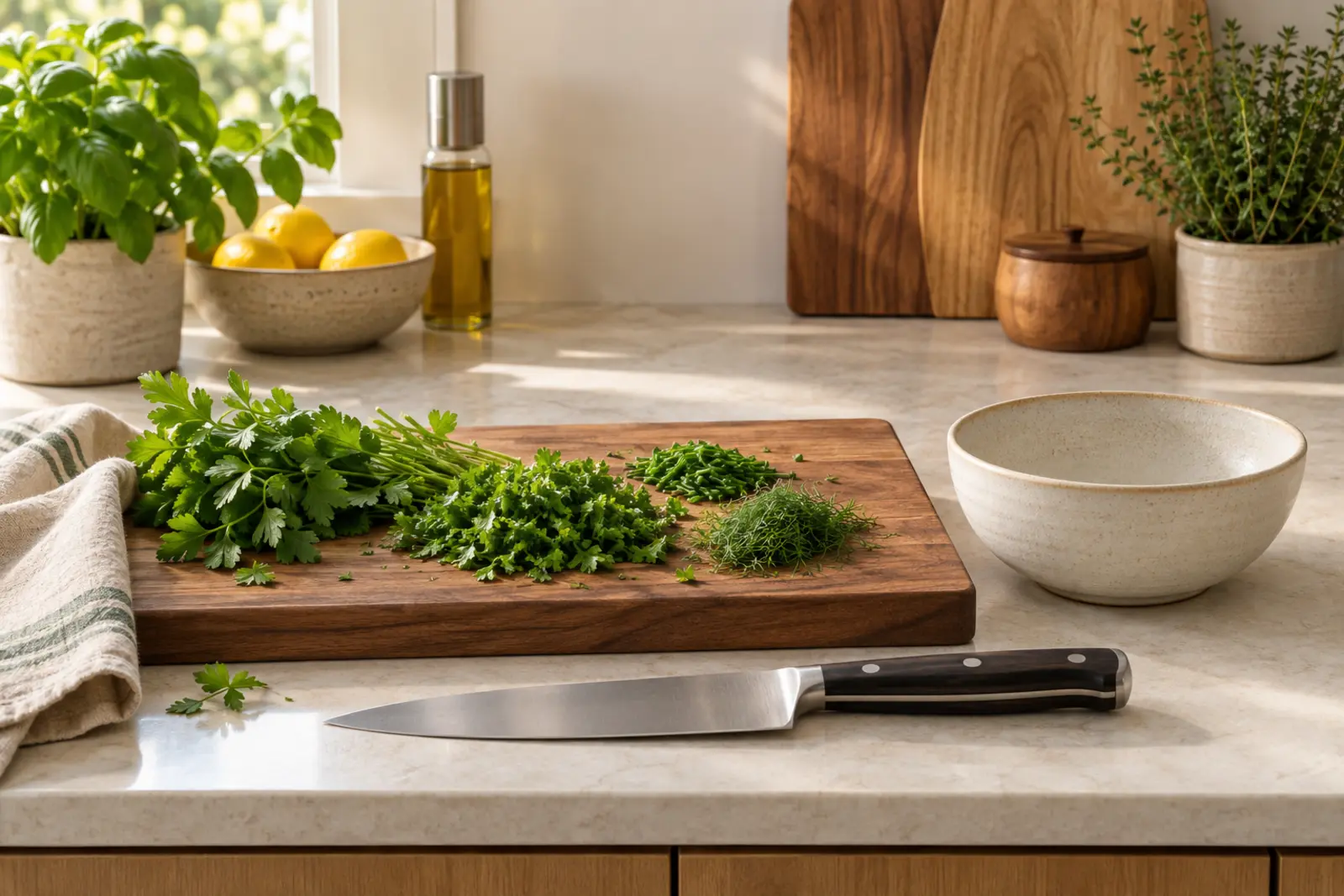 Fresh herbs chopped on a walnut board beside a chef's knife and a stoneware bowl