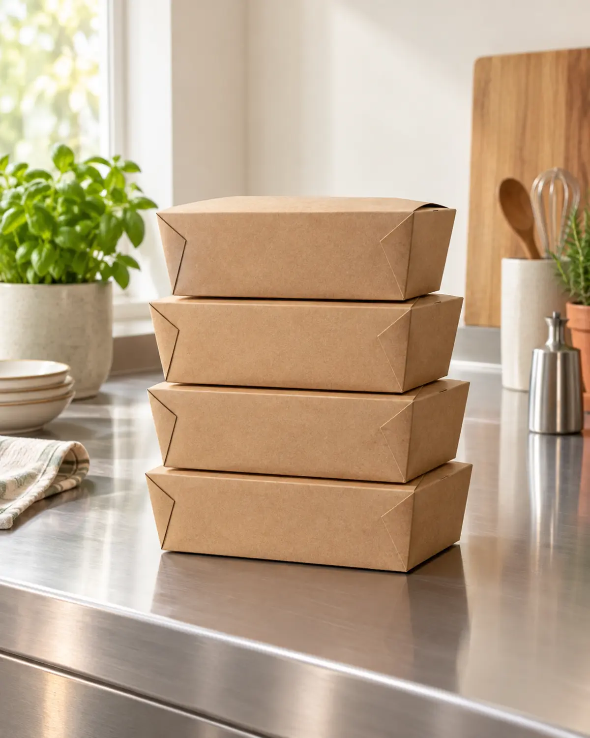A stack of kraft takeaway boxes on a steel kitchen counter