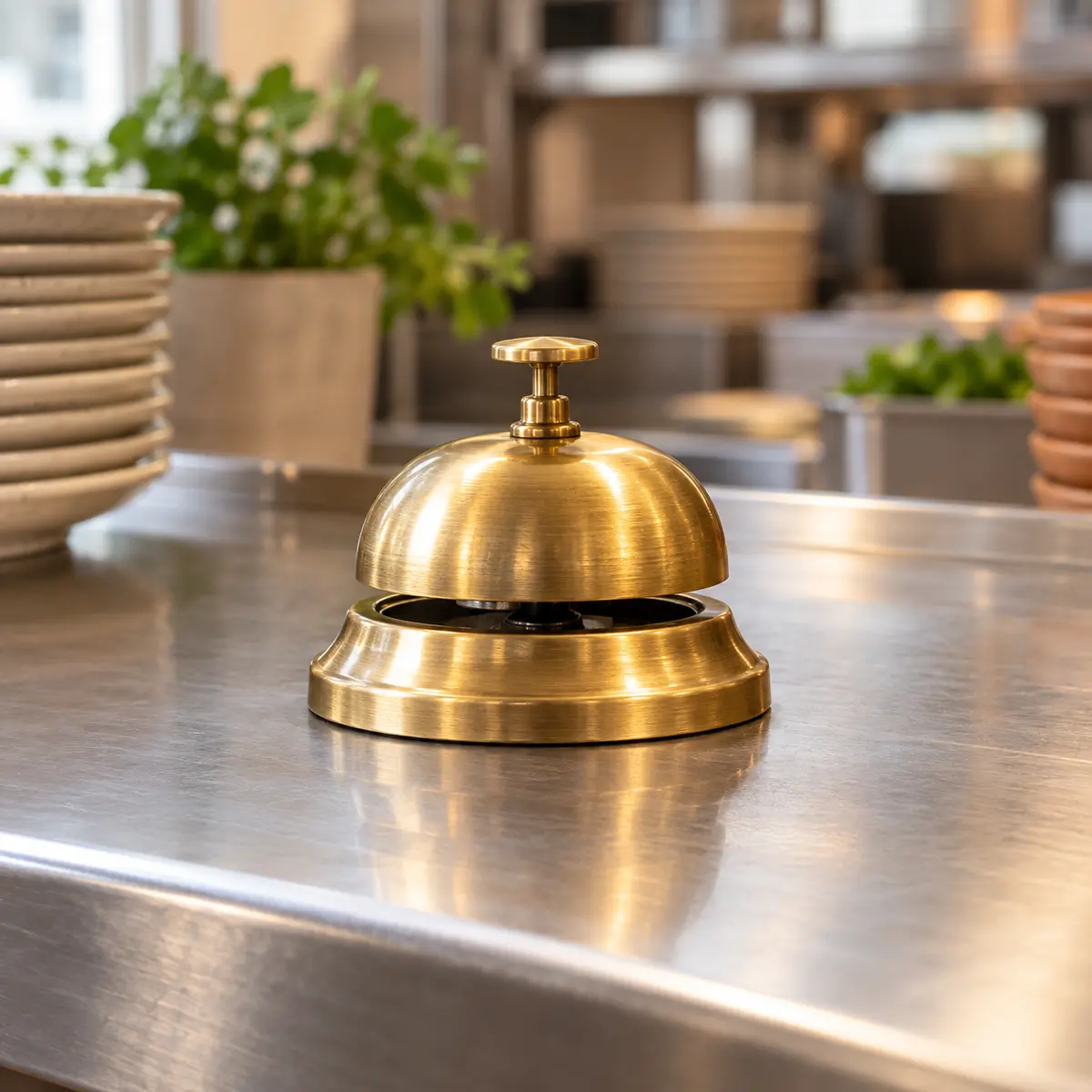 A brass service bell on a steel pass with stacked plates behind it