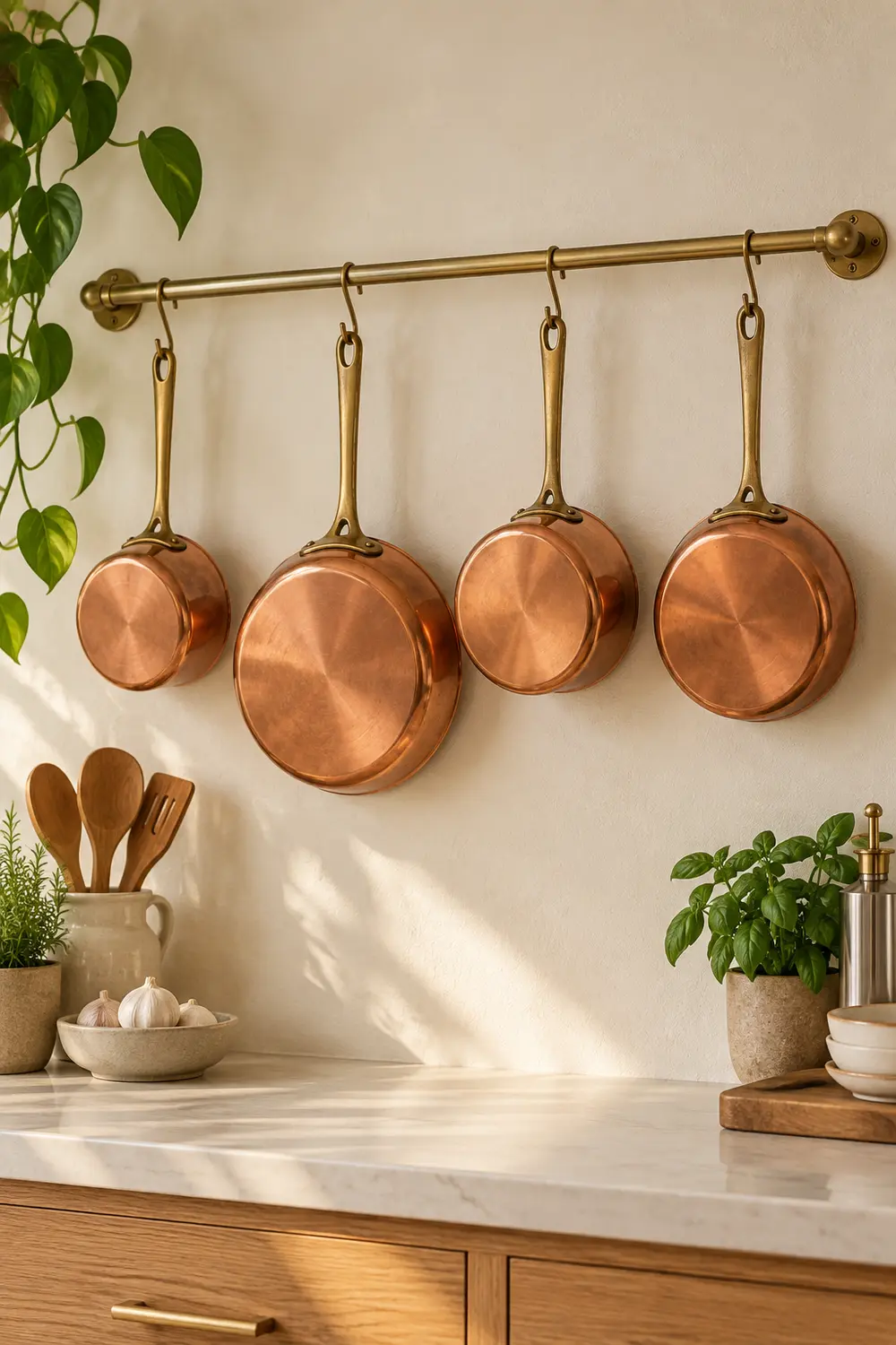 Copper pans hanging from a brass rail above a kitchen counter