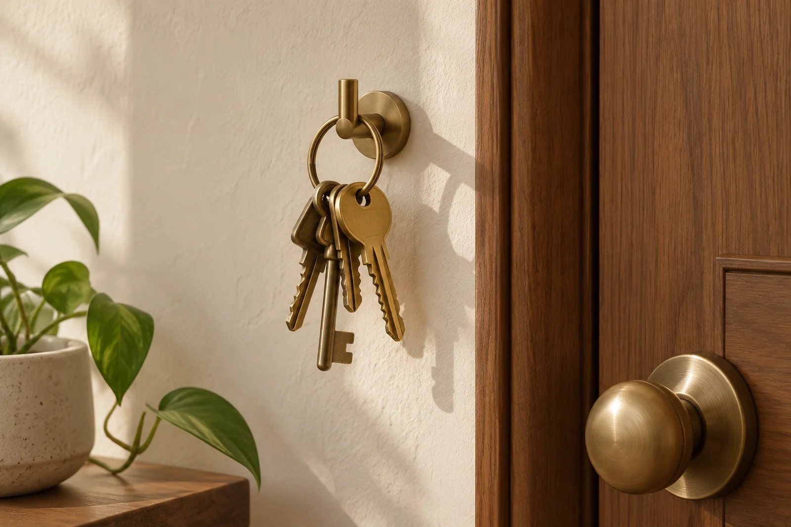 A bunch of brass keys hanging on a wall hook beside a walnut door with a brass knob