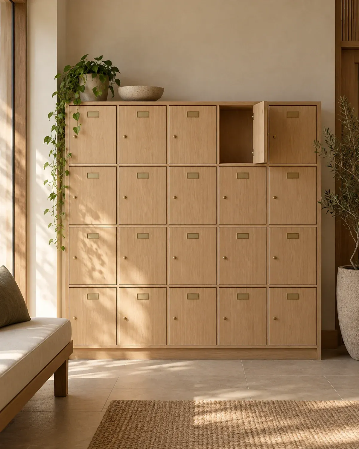 A wall of oak lockers with one door open, beside a bench and a jute rug