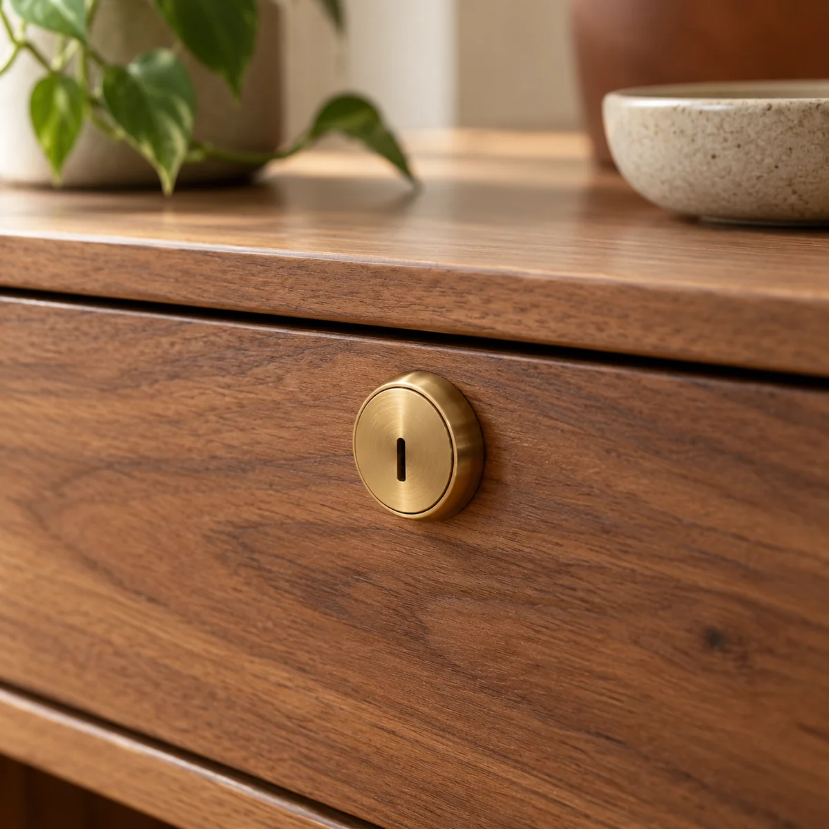 Close detail of a brass keyhole on a walnut drawer front