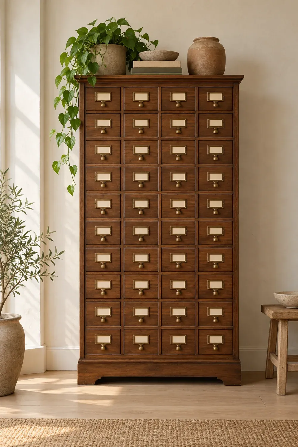 A tall walnut cabinet of small labelled drawers with plants on top