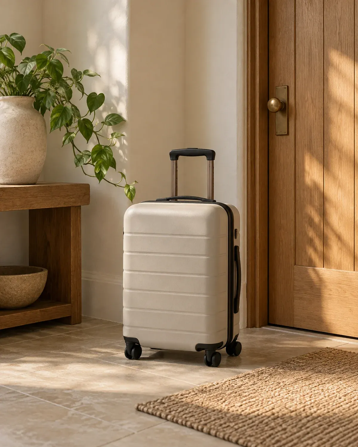 A cream suitcase by the front door, packed and ready to go