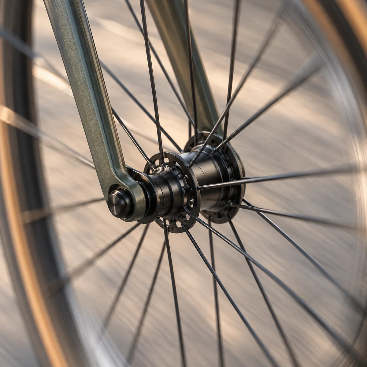Close detail of a bicycle wheel turning, its spokes blurred with speed