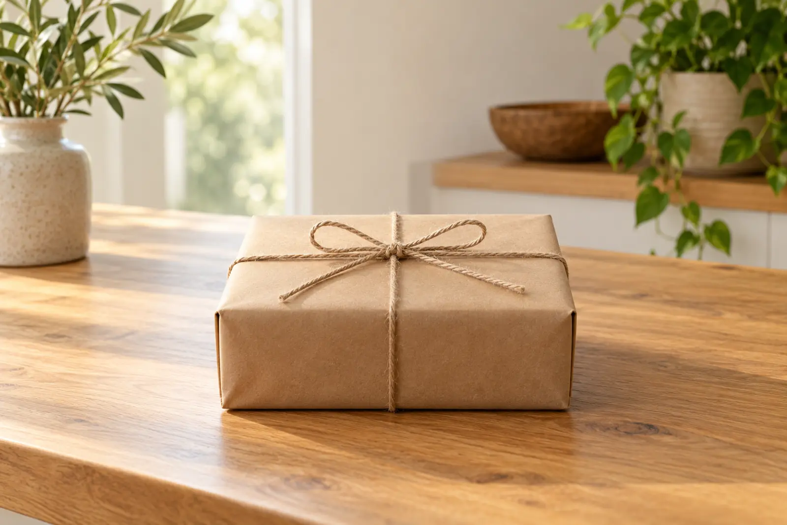 A brown paper parcel tied with twine on an oak table in soft window light