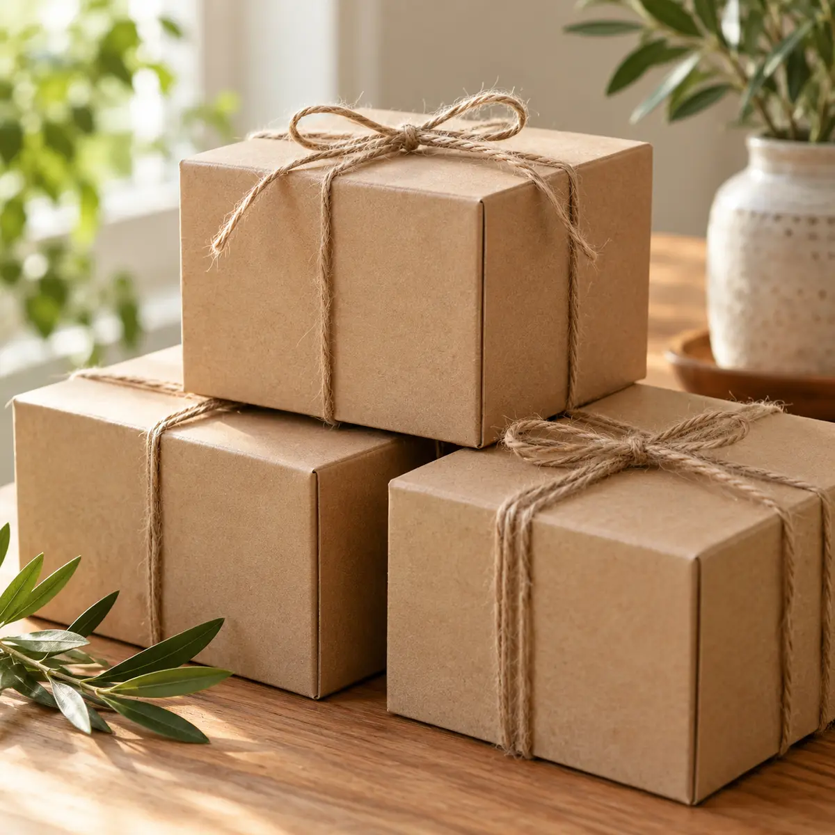 Three kraft boxes tied with twine on an oak table