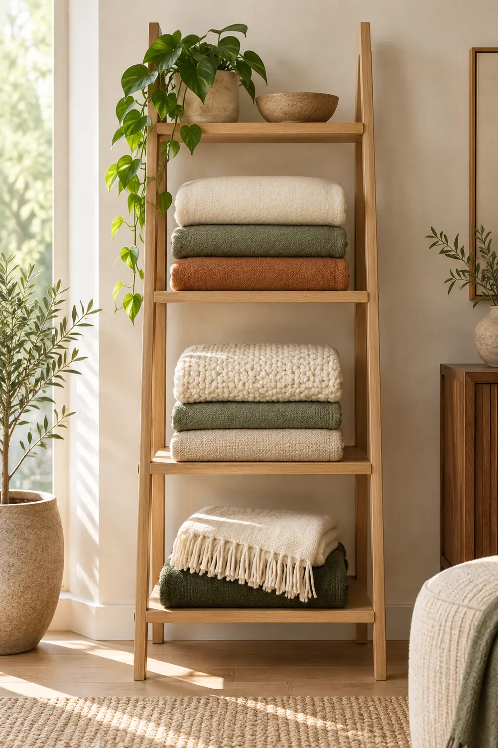 Folded blankets stacked on an oak ladder shelf beside a window