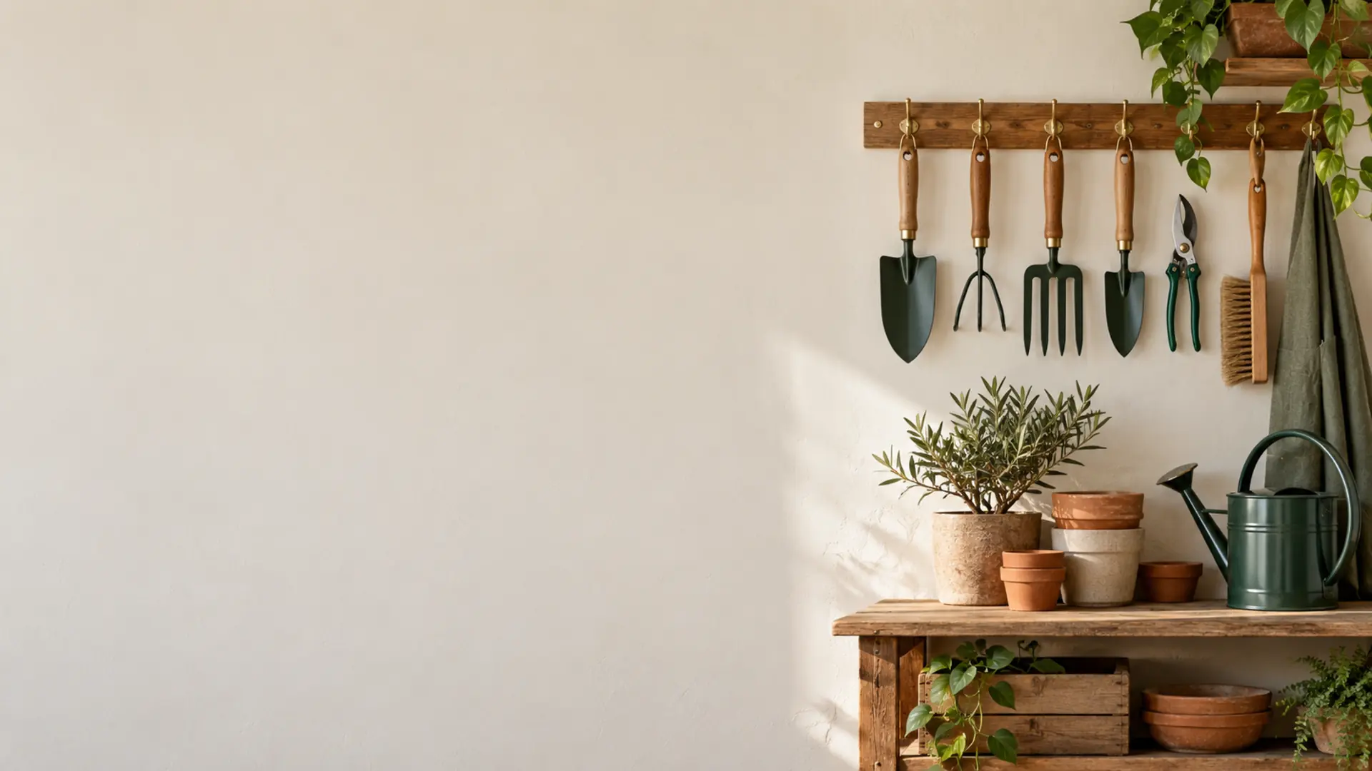Garden tools hanging on an oak rail above a potting bench of terracotta pots and a watering can