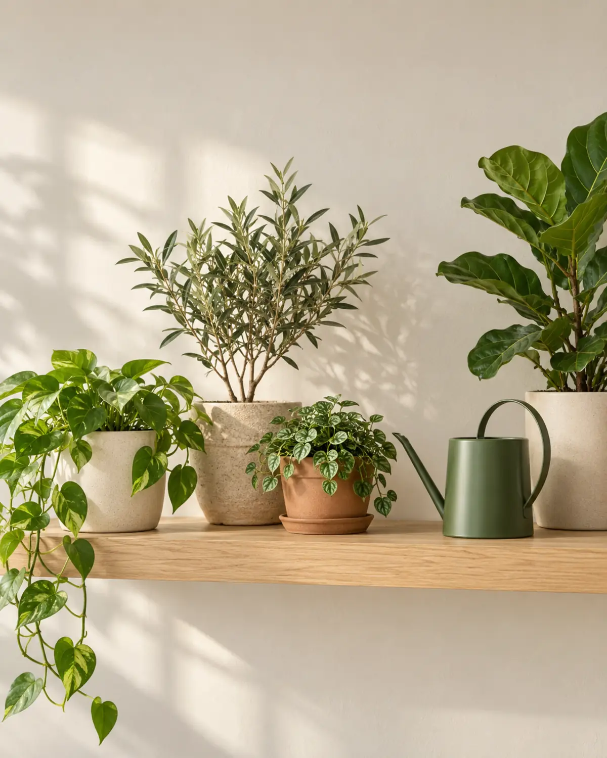 Potted plants and a green watering can on an oak shelf