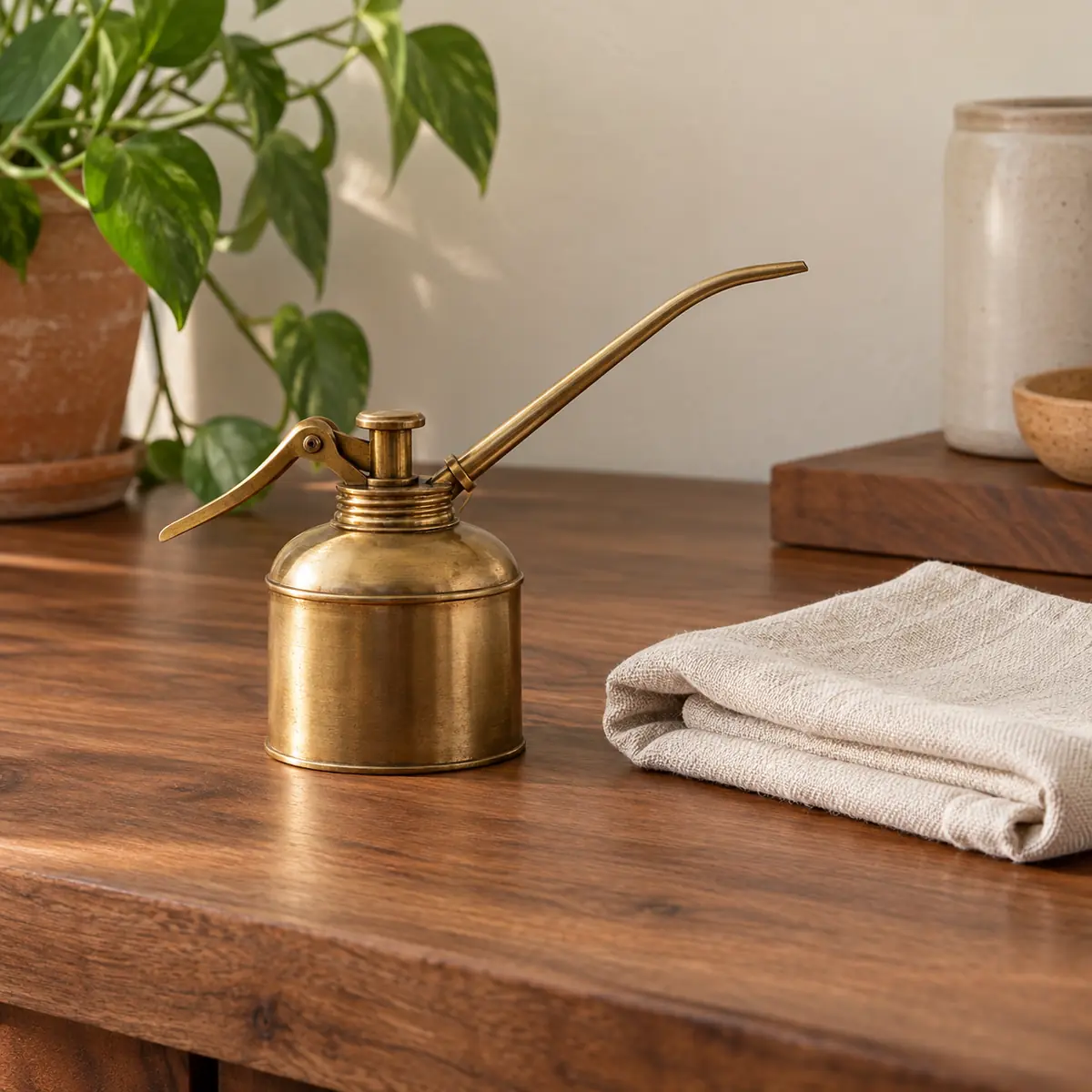 A brass oil can and a linen cloth on a walnut workbench