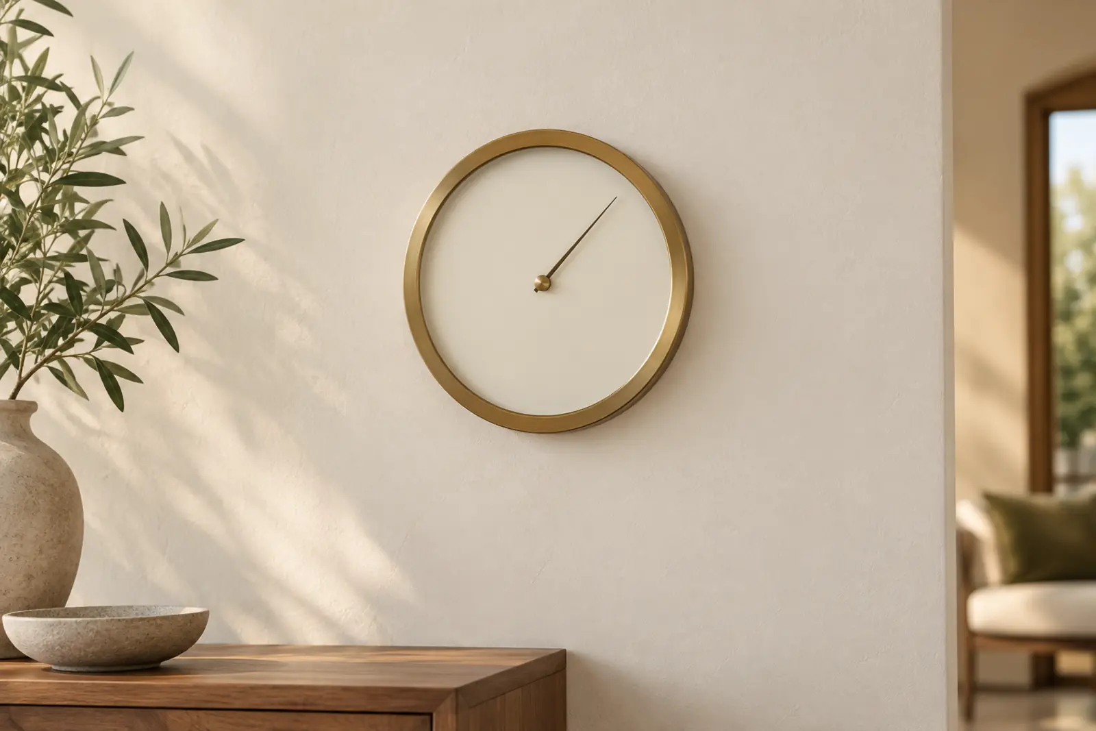 A single brass-rimmed wall dial above a walnut sideboard in soft window light