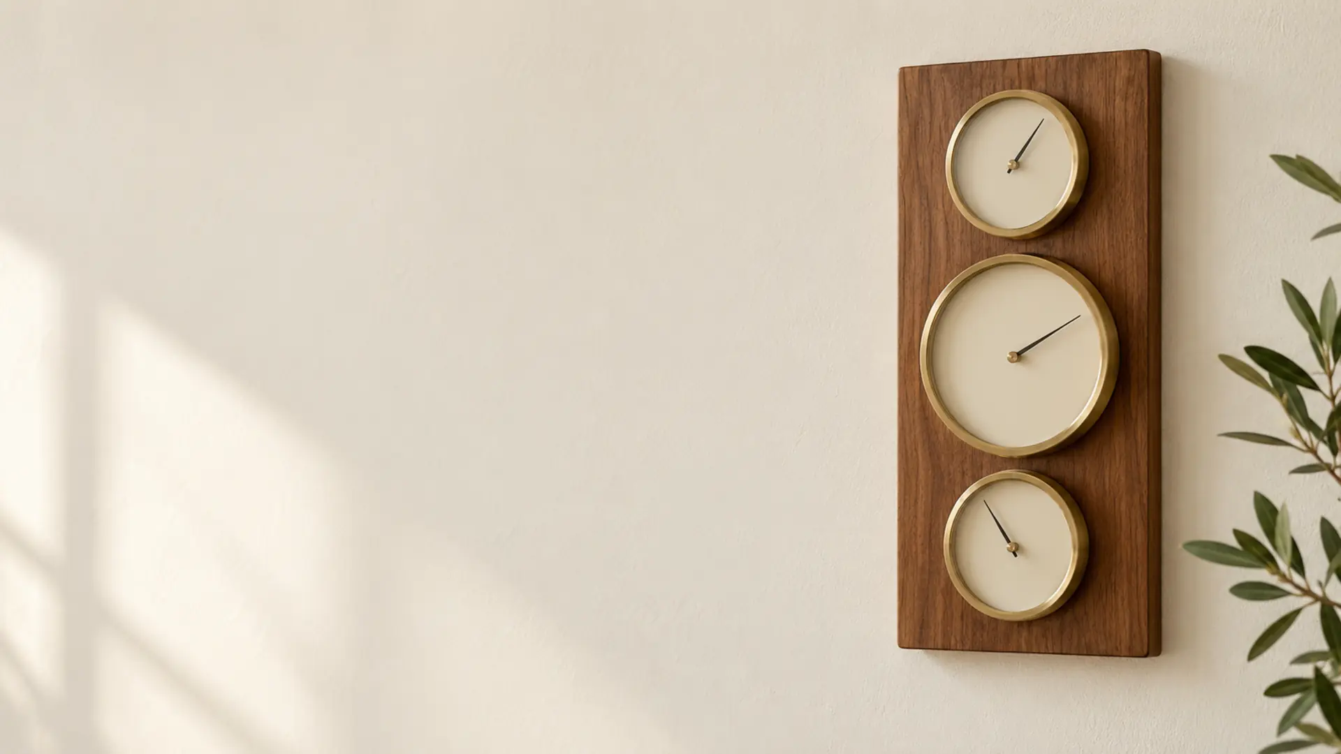 Three brass-rimmed dials mounted on a walnut board against a plaster wall
