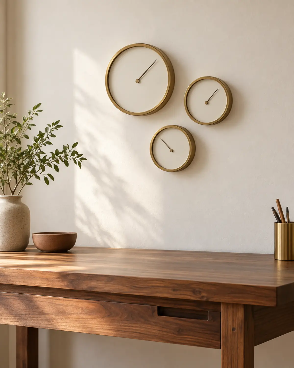Three brass-rimmed wall dials above a walnut desk