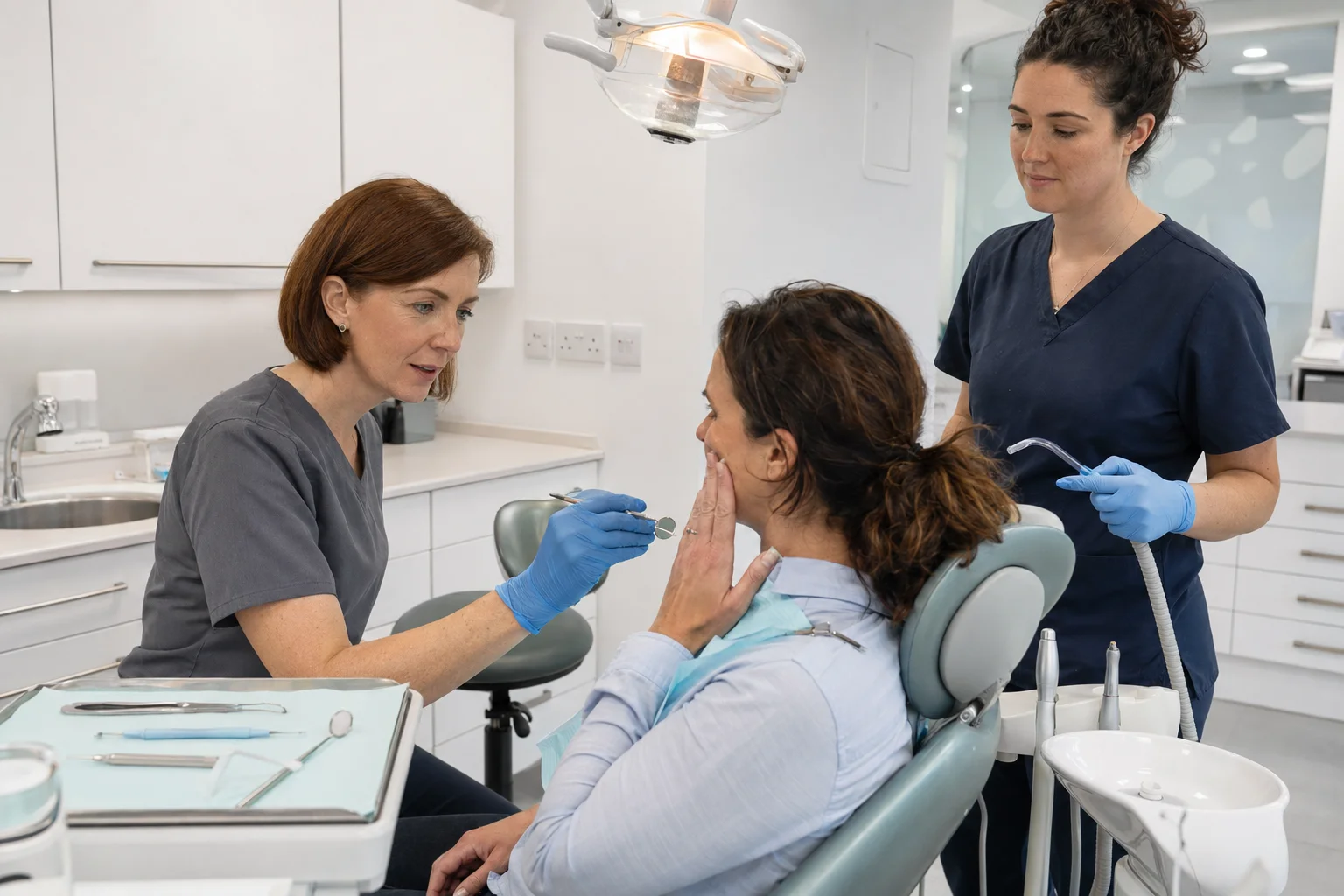 A dentist and nurse treating an emergency patient in a bright surgery