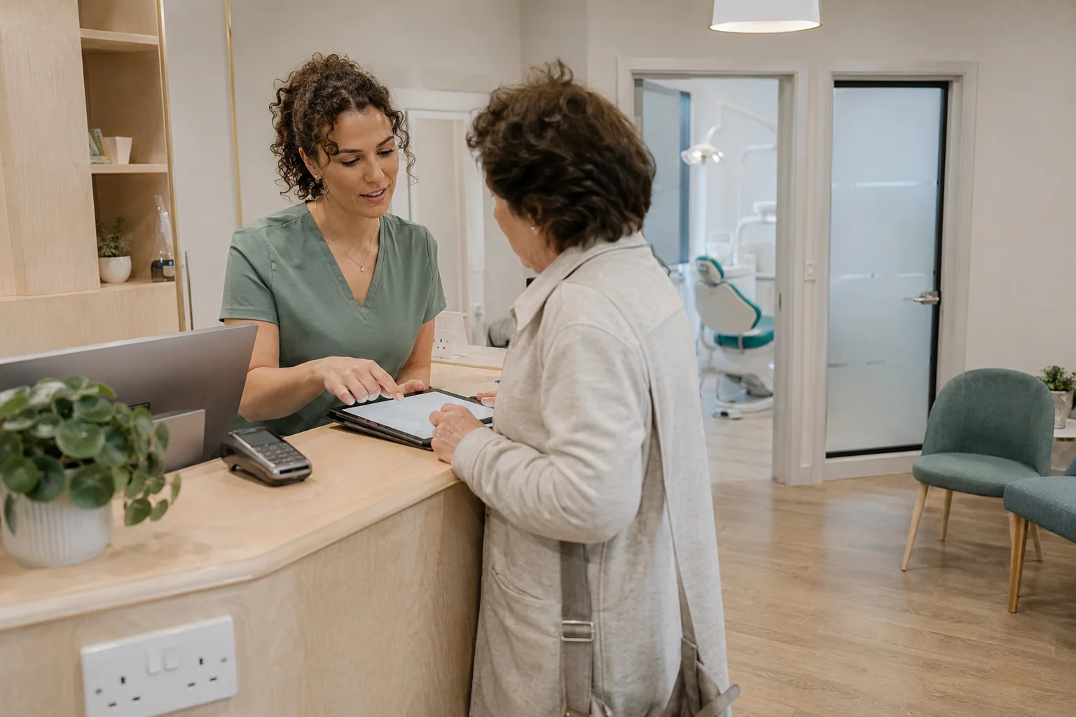 A practice receptionist checking a patient in at the front desk