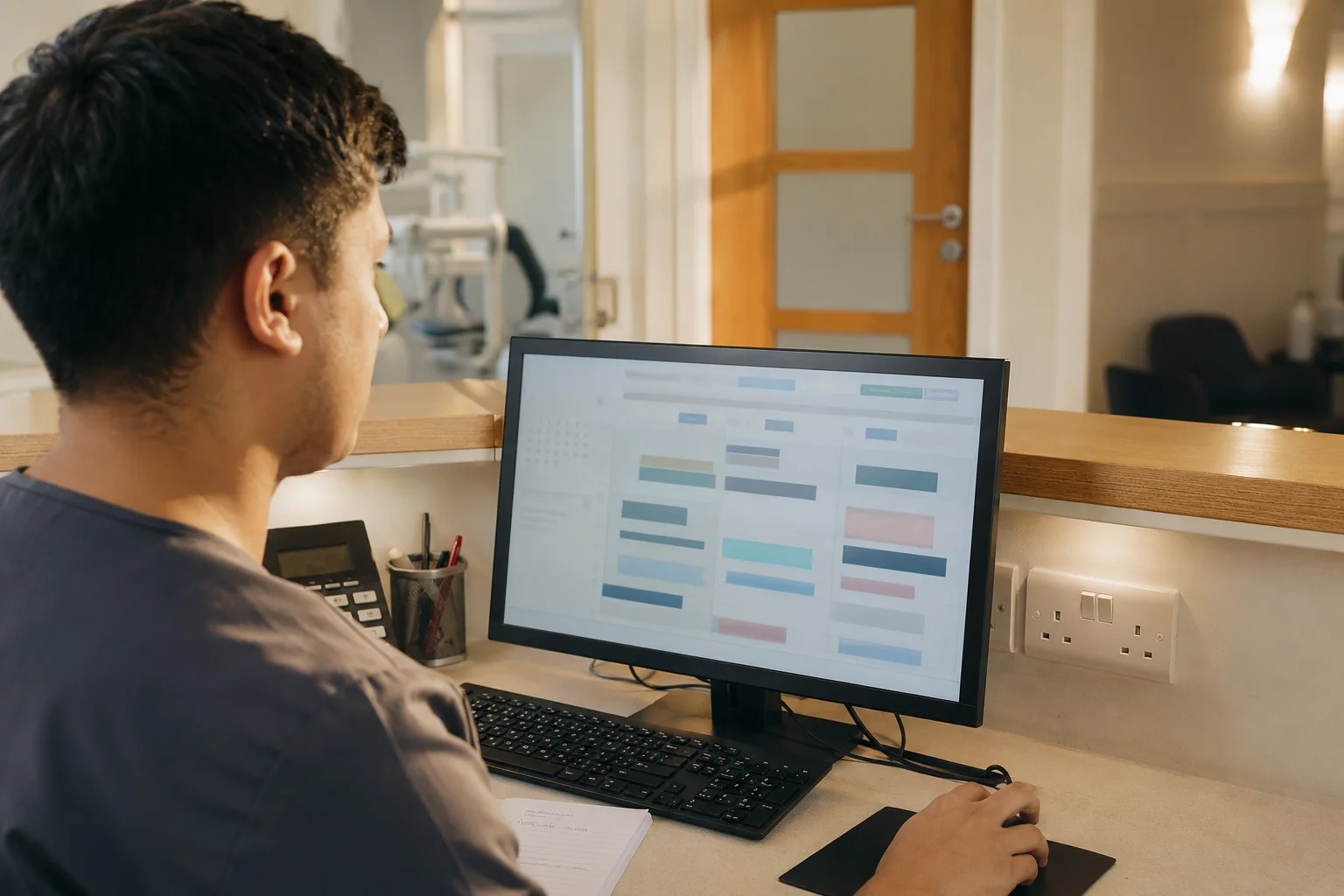A receptionist managing the appointment diary on a practice booking screen
