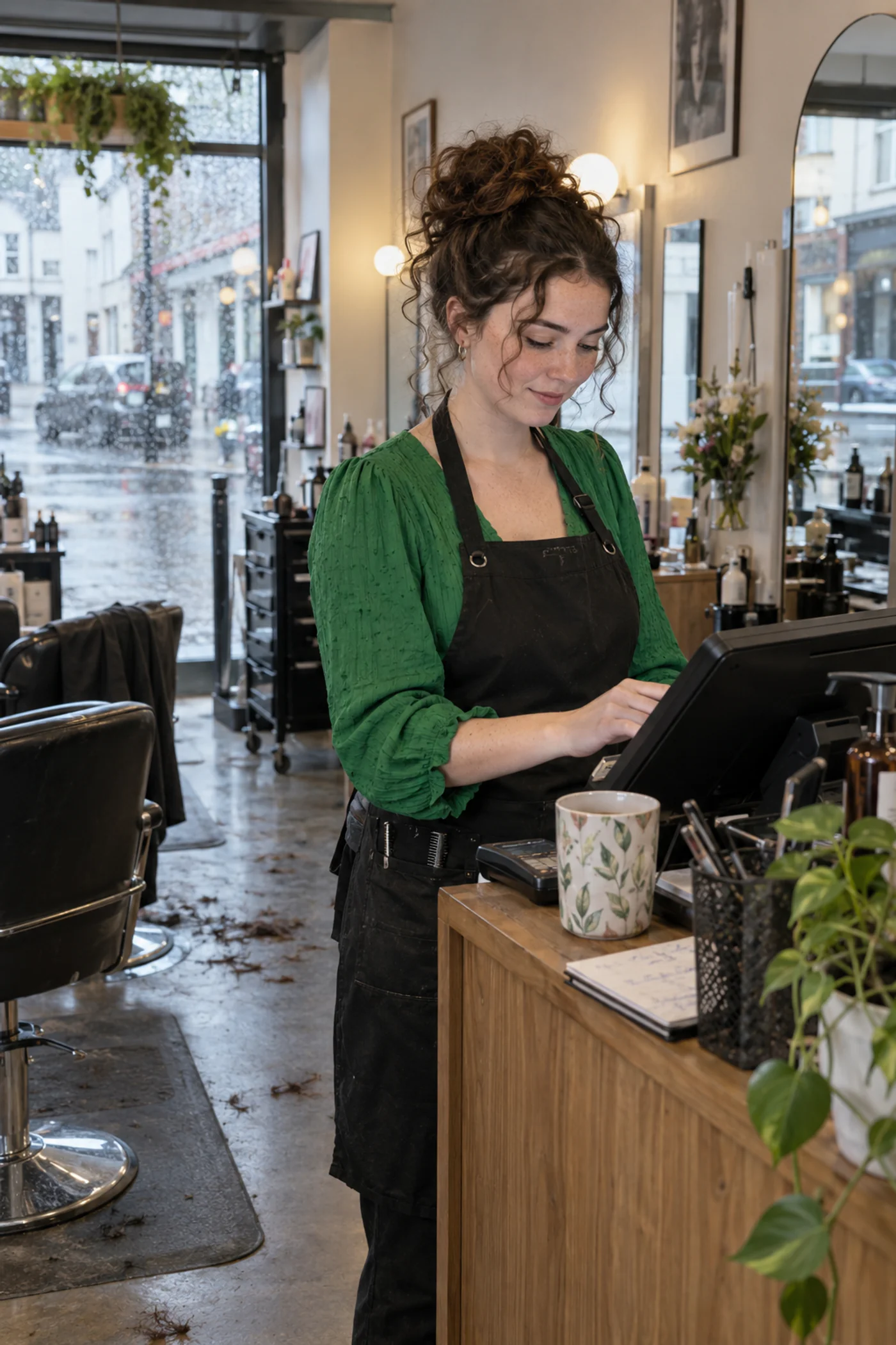A hairdresser at the till between appointments in a salon