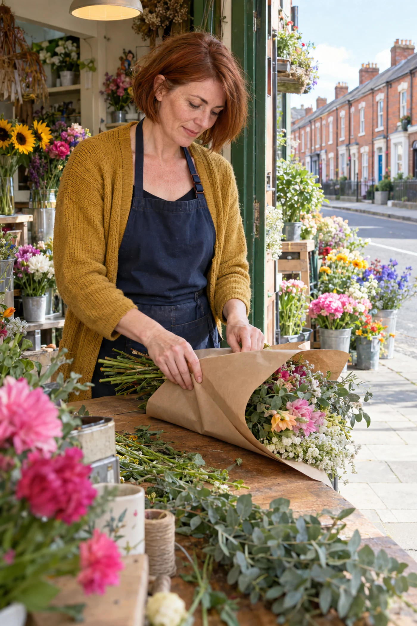A florist wrapping stems at the counter of a small shop