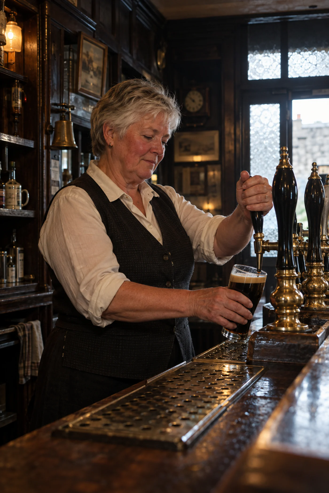 A publican pulling a pint behind a traditional bar