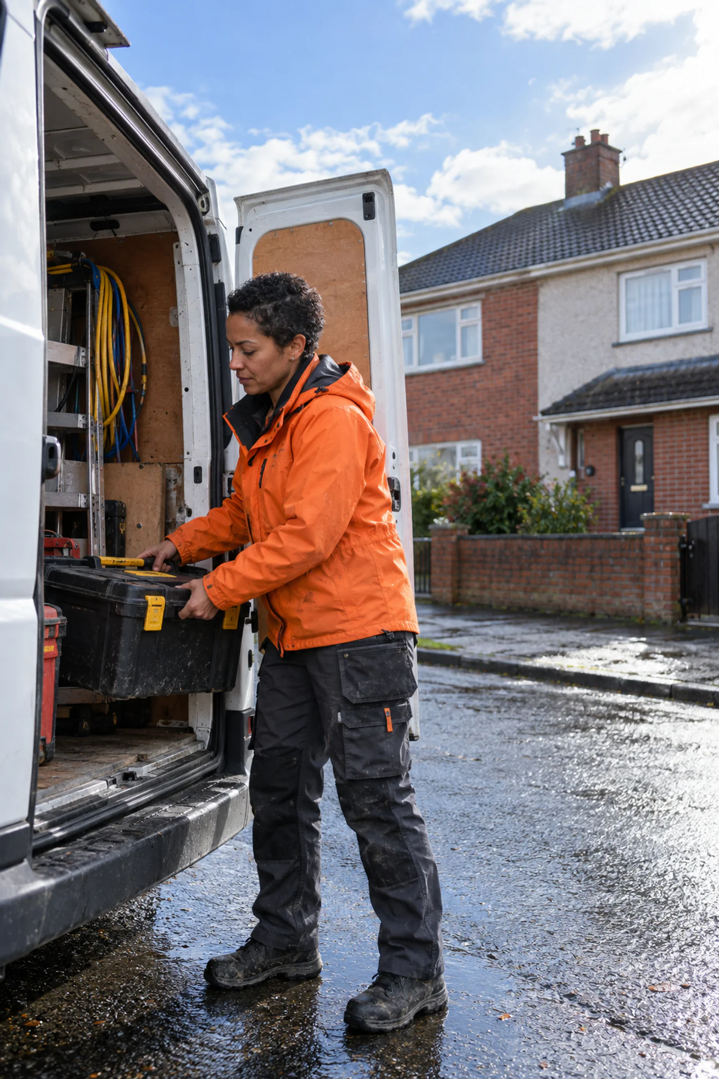 An electrician loading a van outside a house