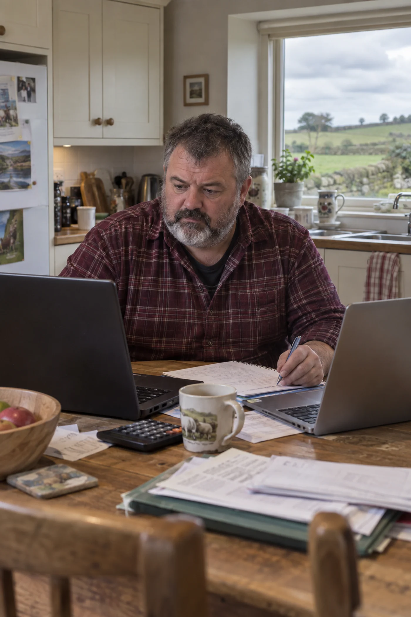 A bookkeeper working at a kitchen table in the countryside