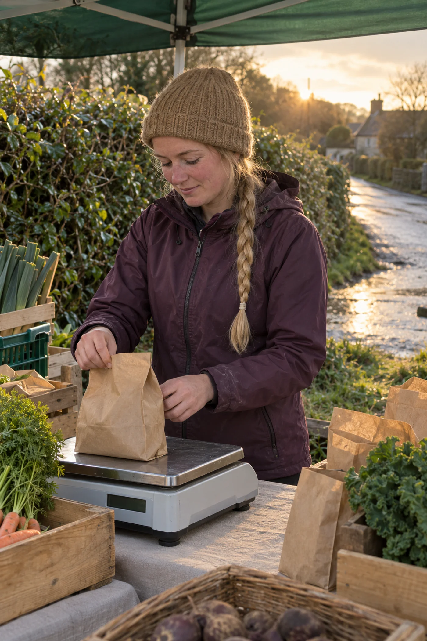 A producer weighing bags at an outdoor market stall