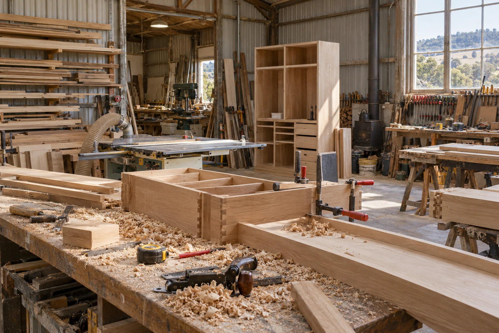 A joinery workshop mid-job with the tools laid down