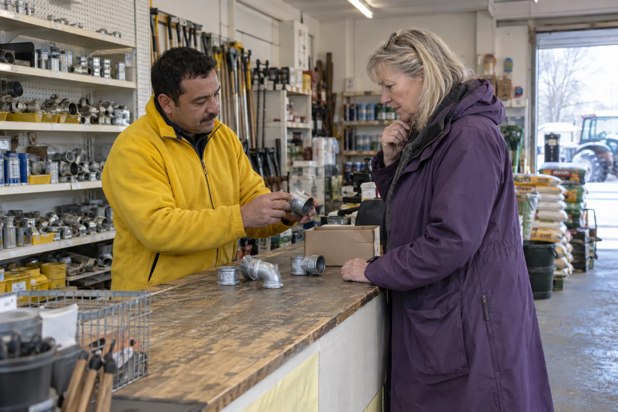 Two people at the counter of a hardware shop