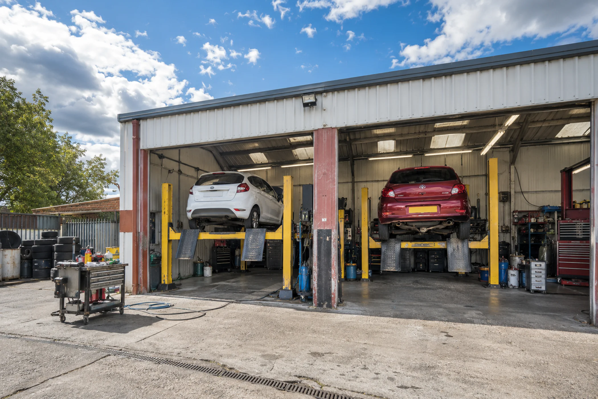 A garage forecourt with two cars up on the ramps