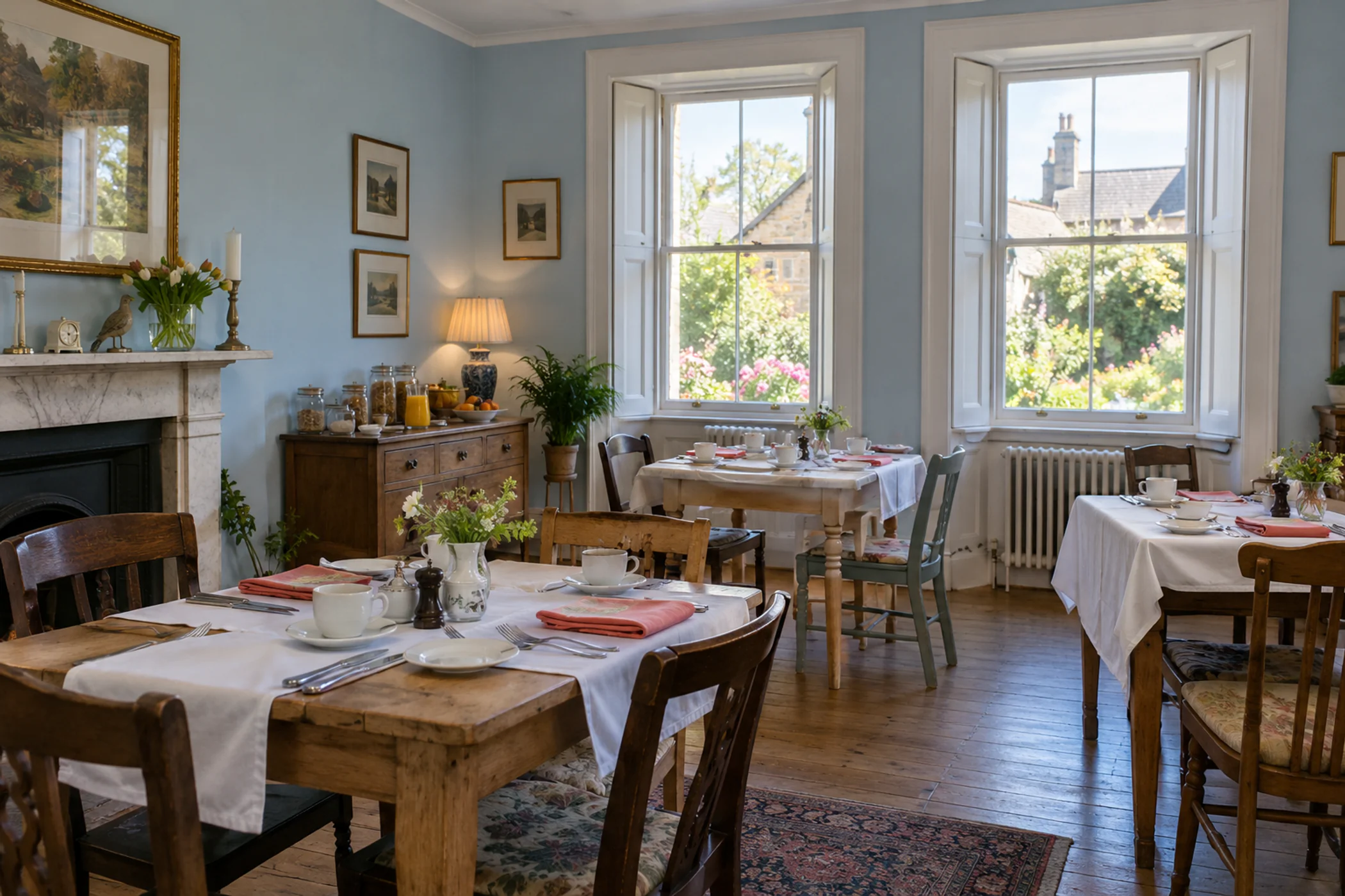 A guesthouse breakfast room laid out for the morning